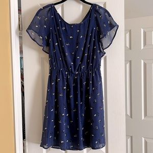 Navy Blue Ruffle-like sleeve dress with Floral pattern